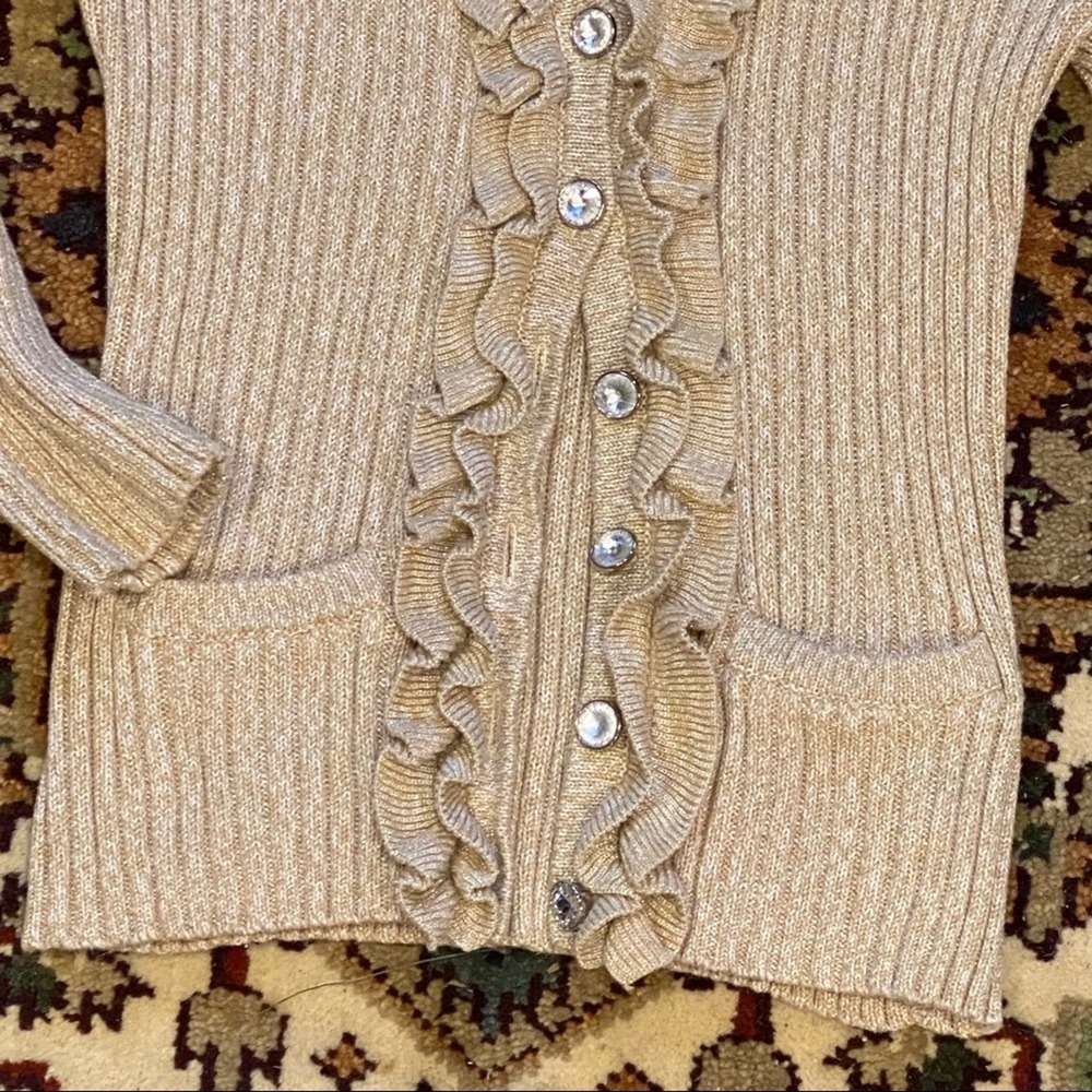 Ruby Rd Cardigan Women M Gold Unused Ruffle Metallic Rhinestone Ribbed Sweater - Picture 3 of 8